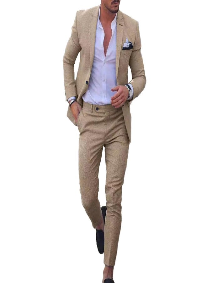 UNINUKOO Mens 2 Piece Suit Linen Summer Top Blazer Pants Sets Beach Wedding Wear Vacation Prom Suits for Men US Size M Khaki - Image 1